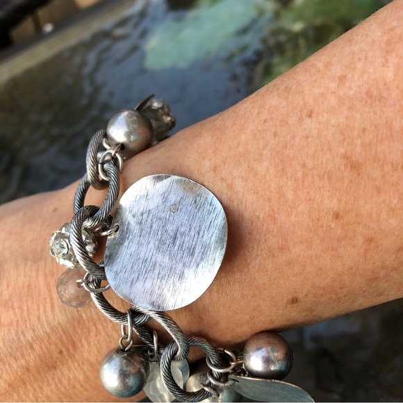 Bold Bangle Silvertone Rhinestones & Beads - Picture 7 of 8